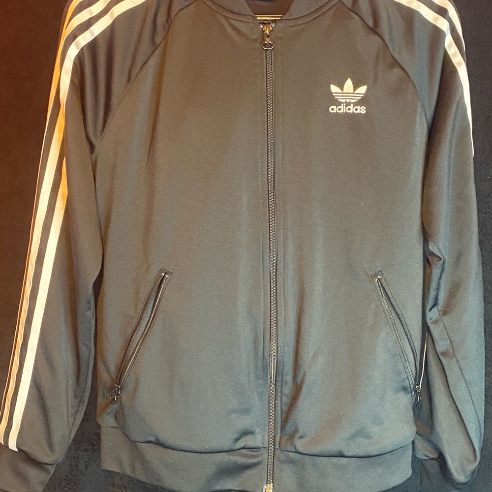 Adidas Men's Black Bomber Jacket with White Stripes